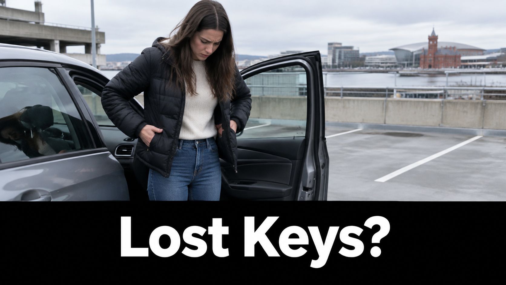A young woman looks frustrated while searching her pockets for her lost car keys by her vehicle.
