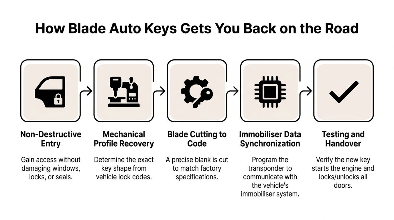 A five-step process infographic showing how Blade Auto Keys helps customers retrieve lost vehicle keys safely.