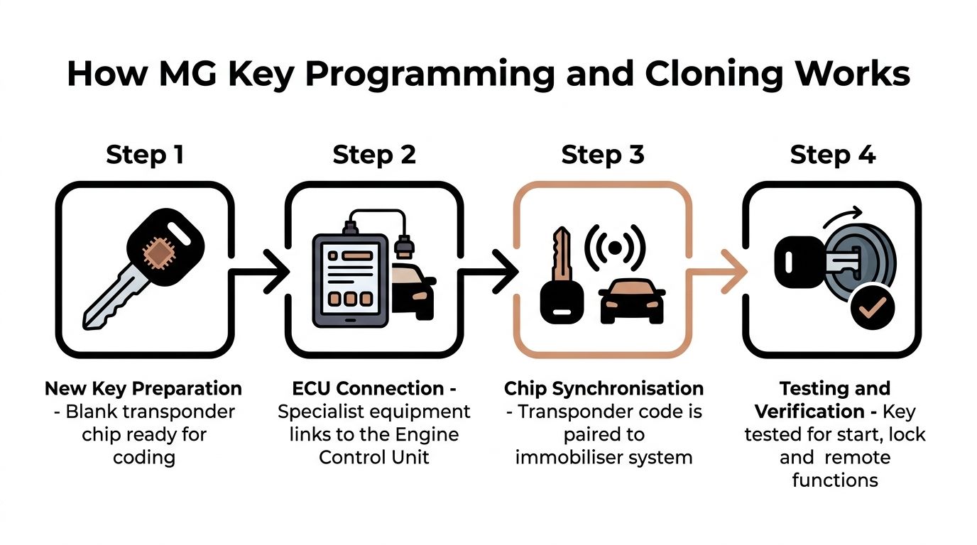 A four-step infographic illustrating the professional process of programming and cloning new MG vehicle car keys.