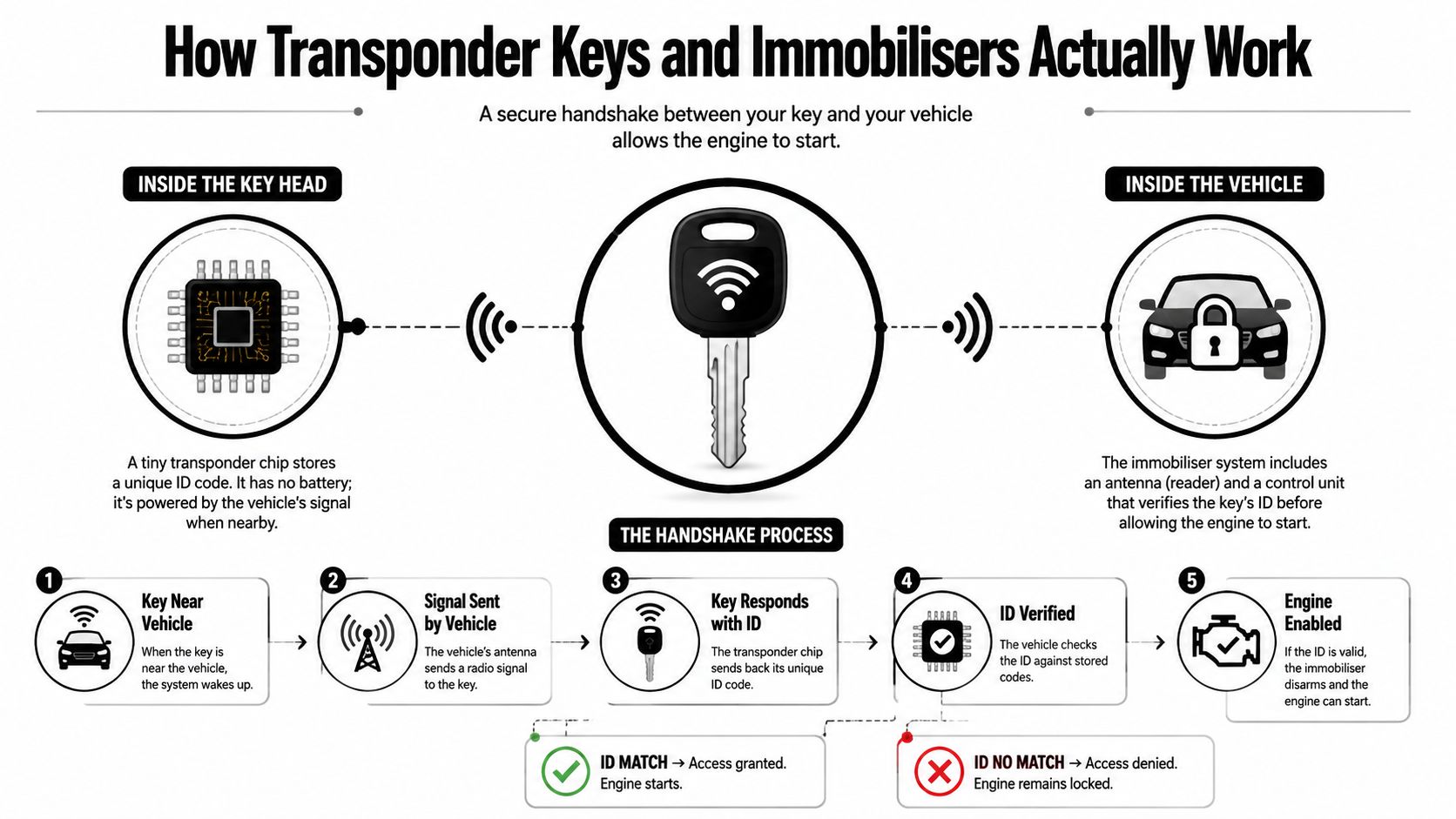 A diagram explaining how a transponder key communicates with a vehicle's immobilizer system to start the engine.