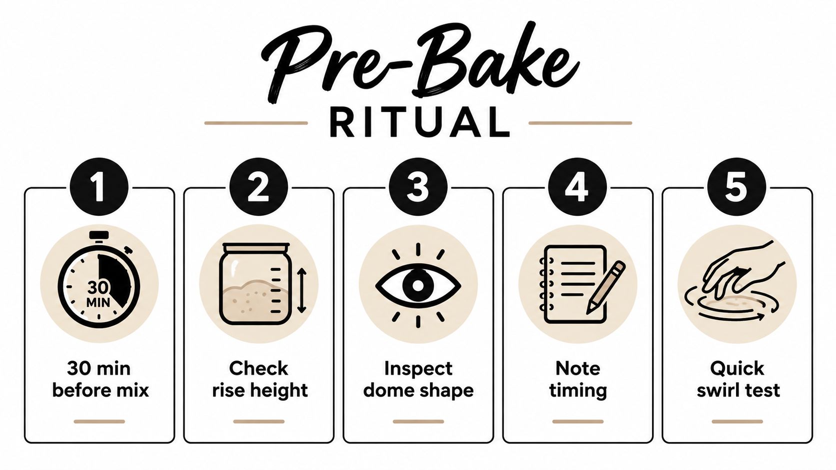 An infographic titled Pre-Bake Ritual showing five numbered steps for preparing sourdough starter before baking.