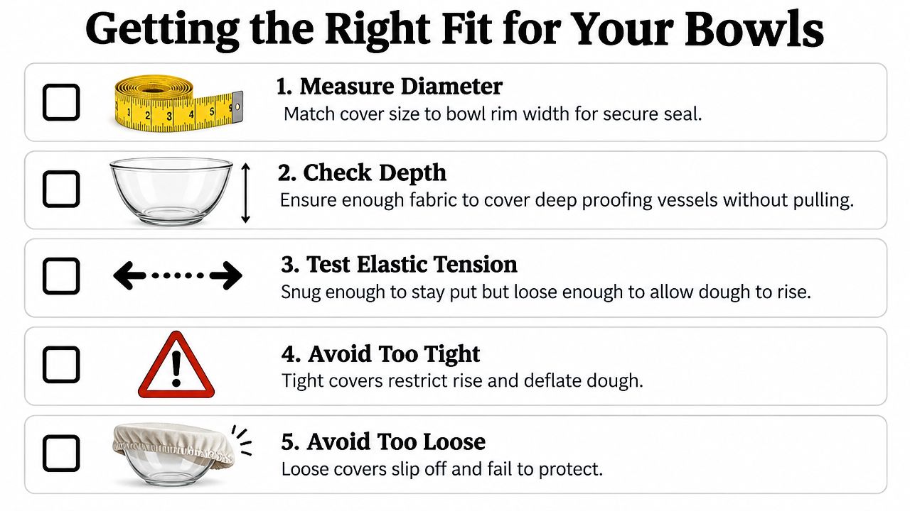 A checklist of five tips for choosing the right elastic bowl cover for proofing bread dough.
