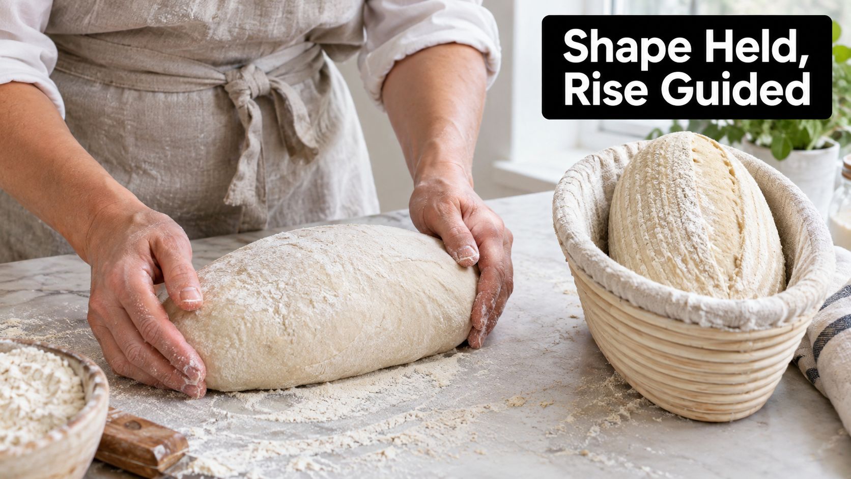 A person shapes fresh dough on a floured surface next to a lined oval banneton basket.