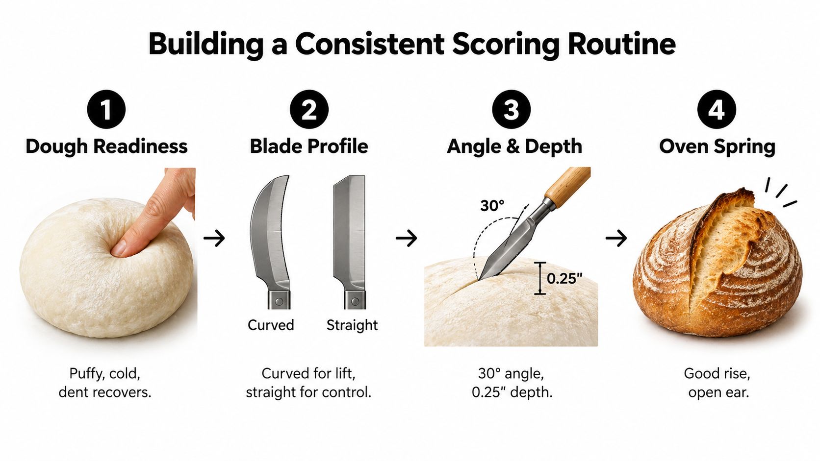 A four-step infographic showing how to score bread dough for a perfect rise and open ear.