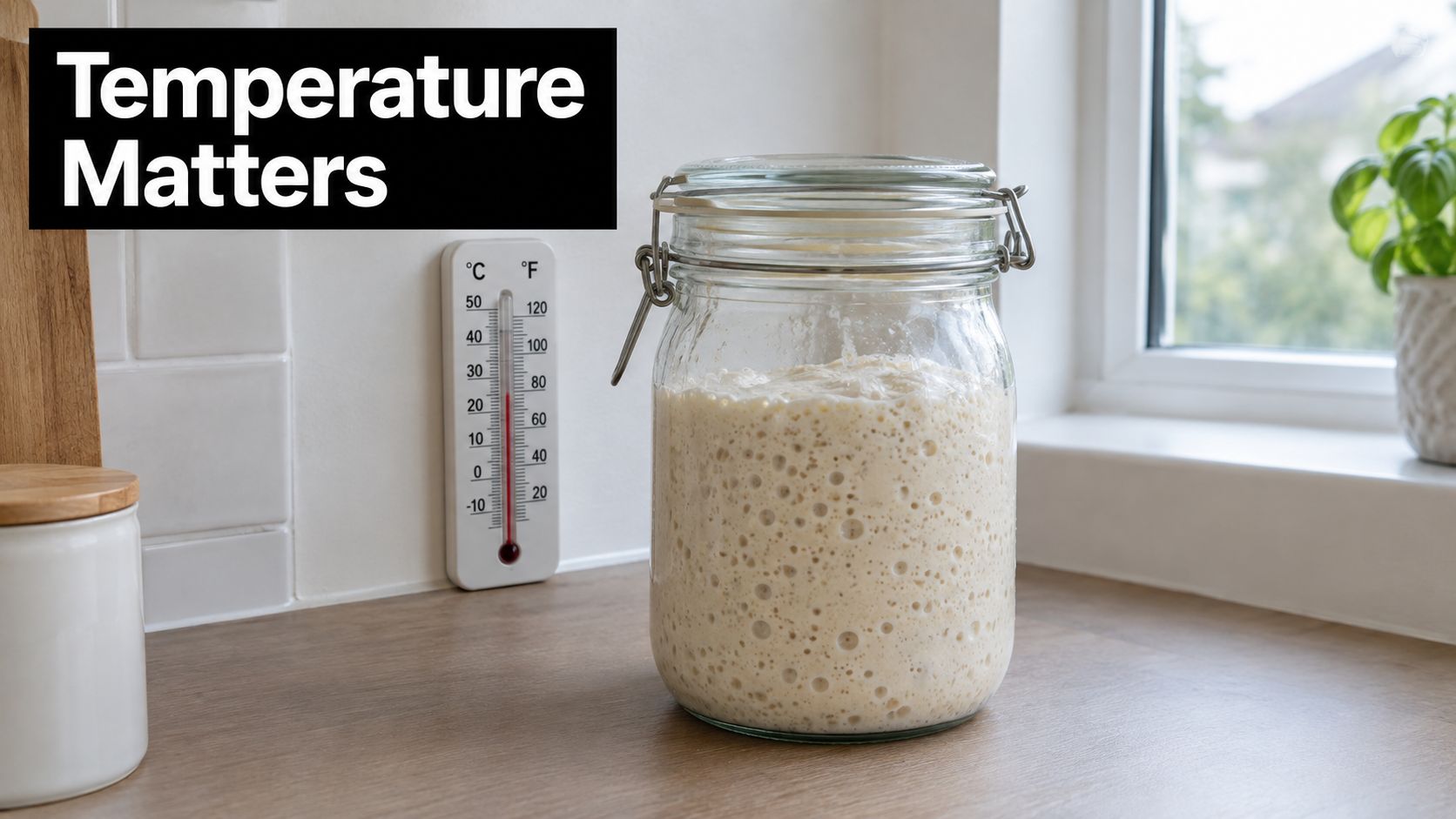 A glass jar filled with bubbling sourdough starter sitting on a counter next to a thermometer.
