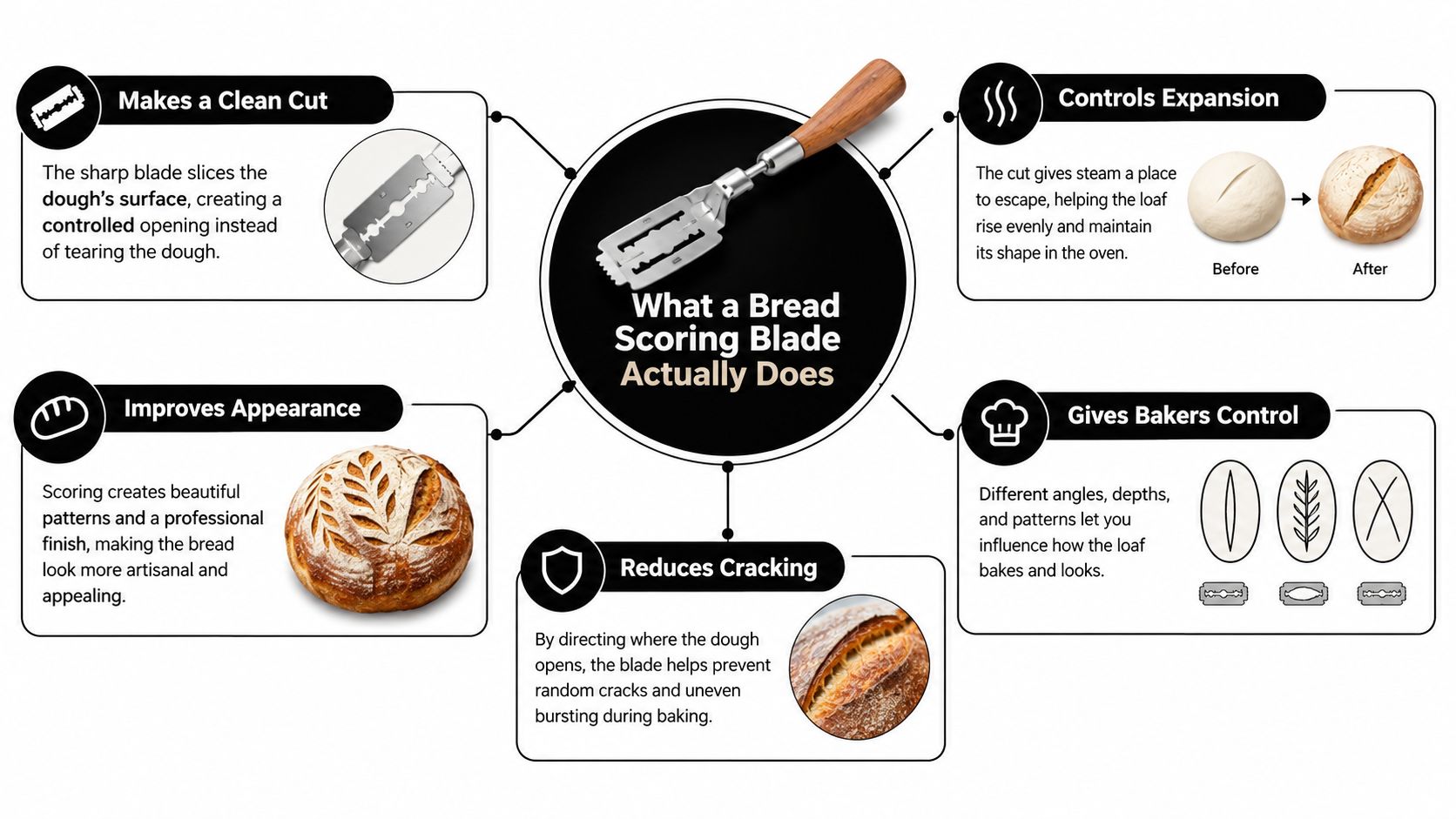 An infographic detailing five key benefits and functions of using a bread scoring blade for baking.