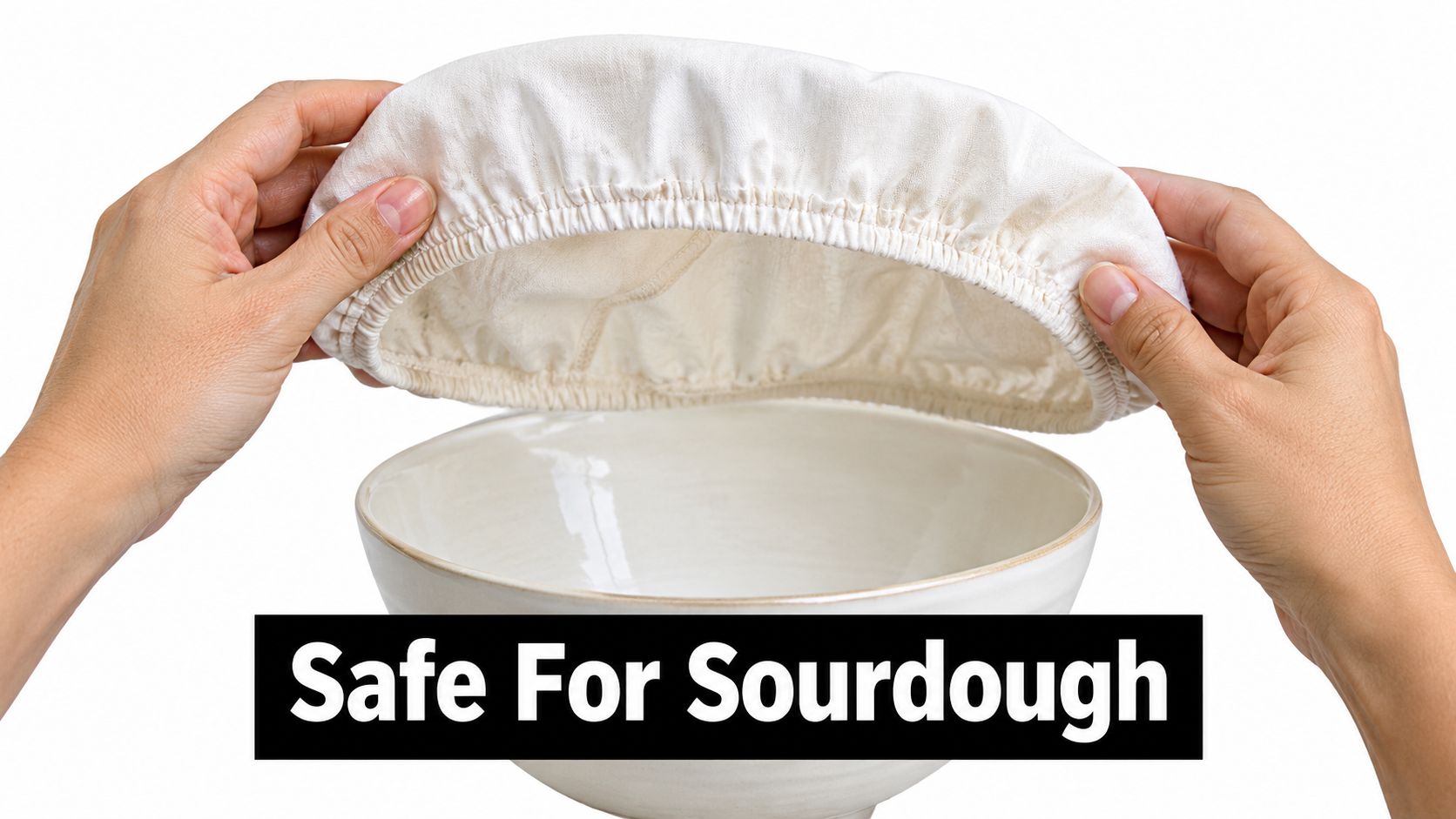 A pair of hands holding an elastic fabric bowl cover over an empty ceramic mixing bowl.