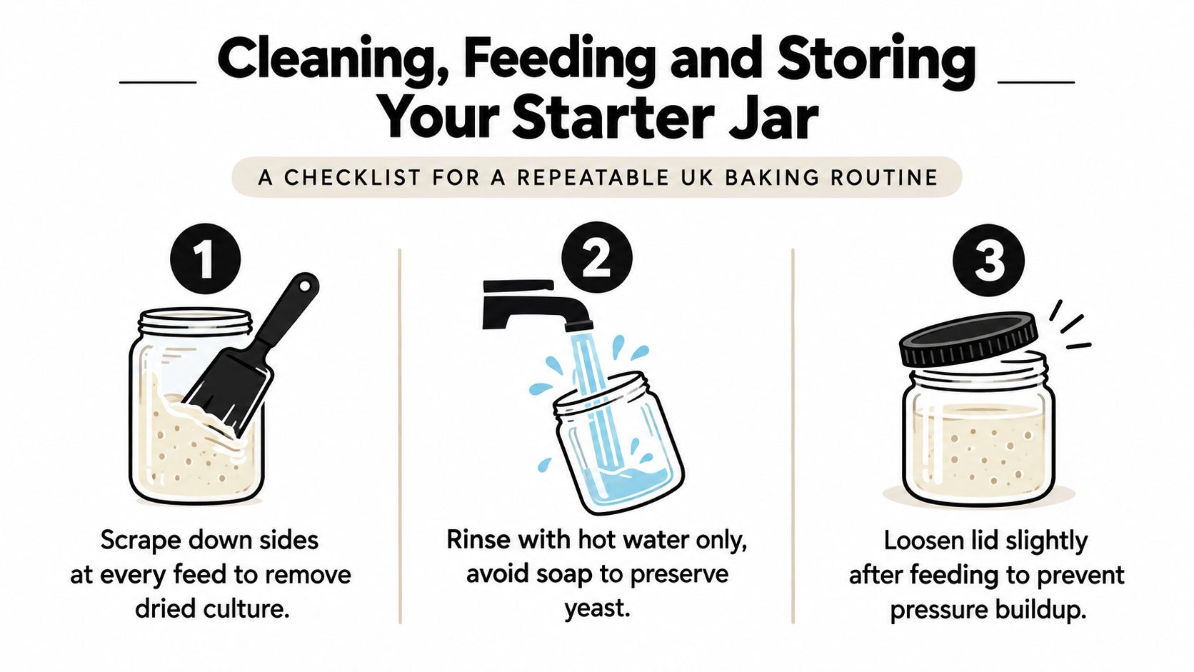 An infographic showing three essential steps for cleaning and maintaining a sourdough starter jar for baking.