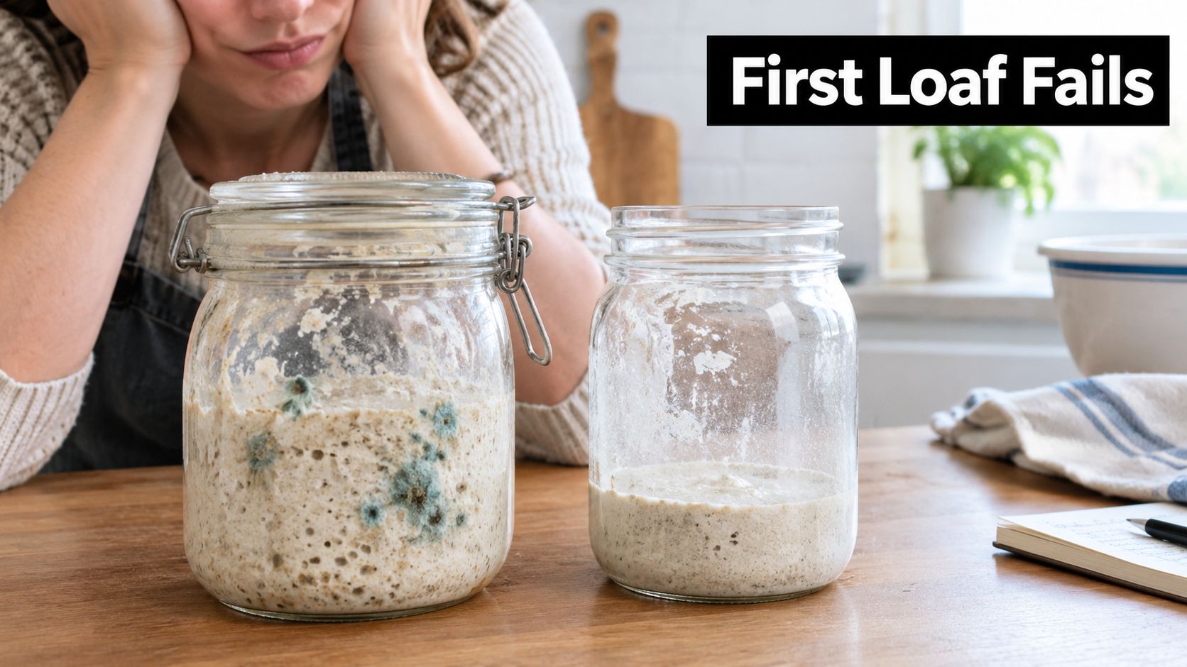 A frustrated person looking at a glass jar of sourdough starter that has grown blue mold.