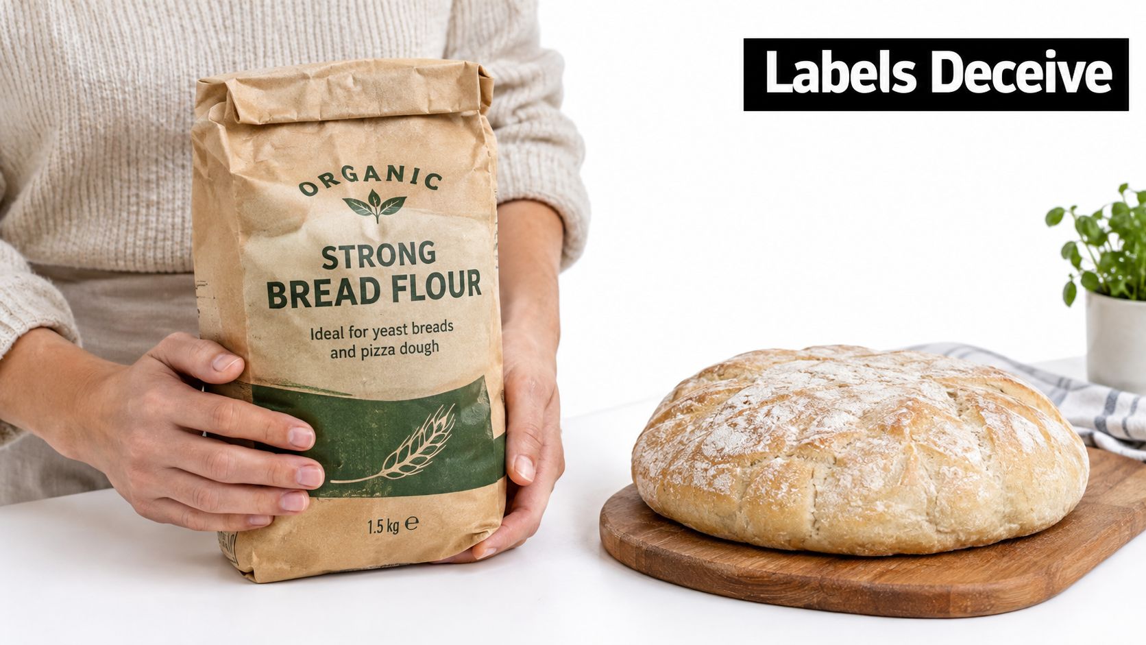 A person holds a bag of organic strong bread flour next to a freshly baked loaf of bread.
