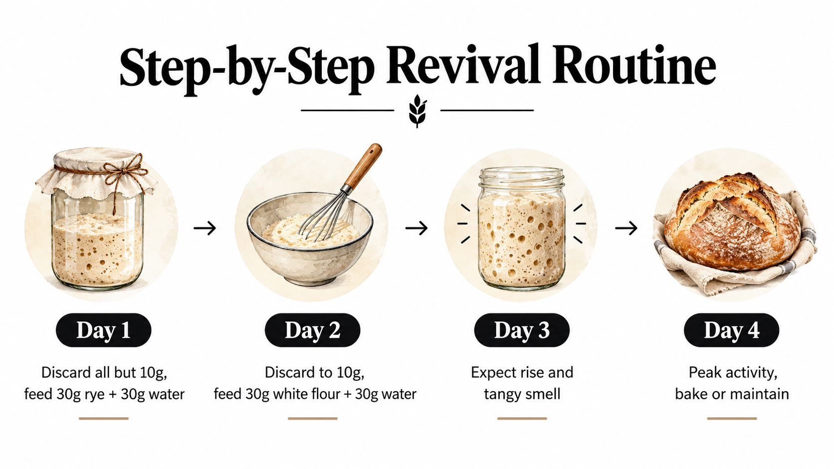 A four-day sourdough starter revival routine showing daily feeding, discarding, and rising steps for active culture.