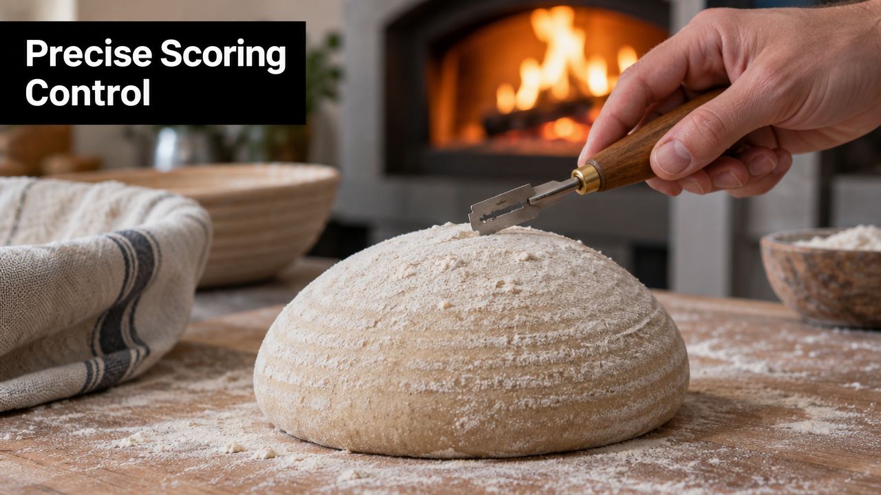 A hand using a sharp bread lame to precisely score a round loaf of sourdough bread dough.