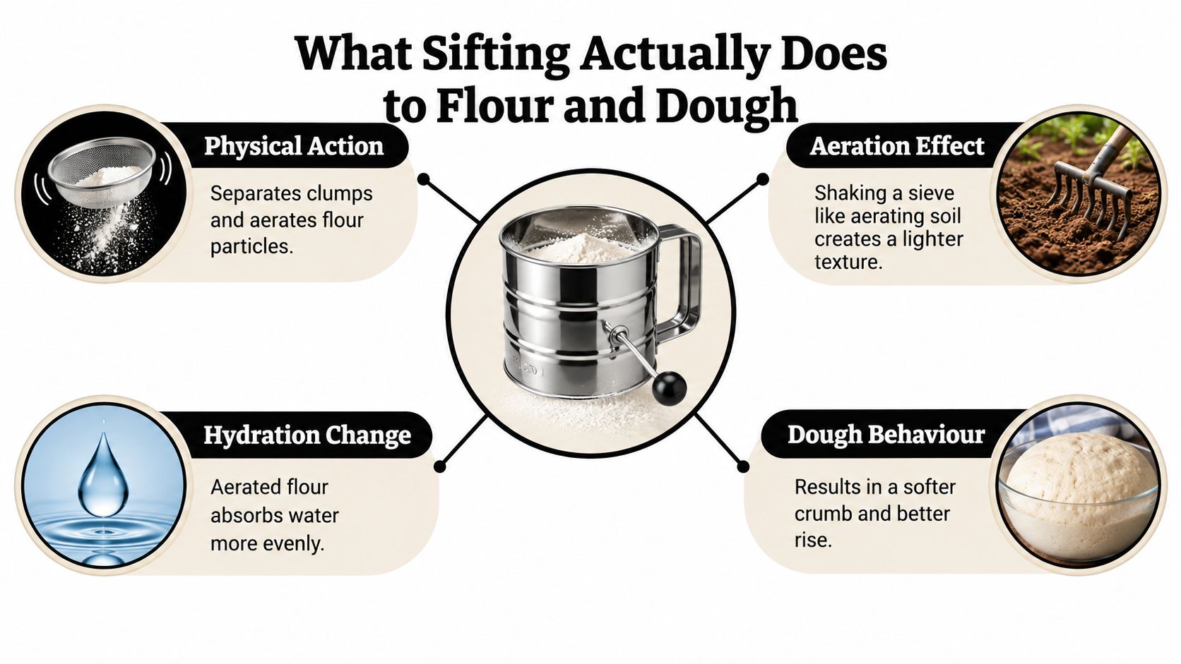 A diagram explaining how sifting flour improves dough texture through aeration, even hydration, and clump removal.