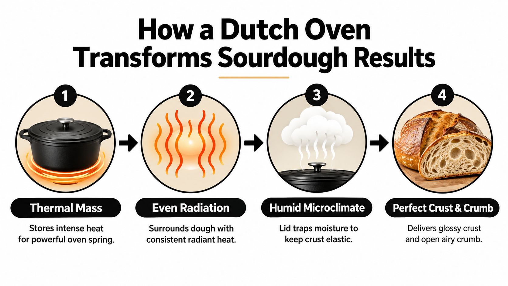 An infographic showing how a Dutch oven improves sourdough baking through heat, radiation, and moisture retention.