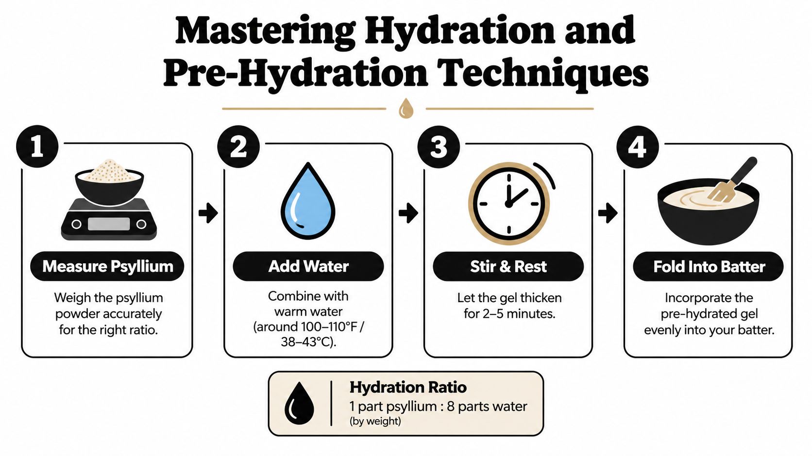 A four-step infographic illustrating how to properly pre-hydrate psyllium husk powder for gluten-free baking recipes.