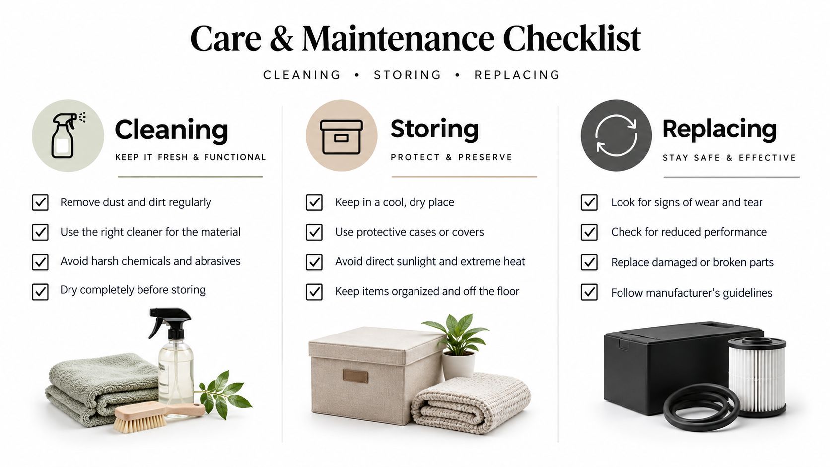 A care and maintenance checklist infographic showing steps for cleaning, storing, and replacing household items.