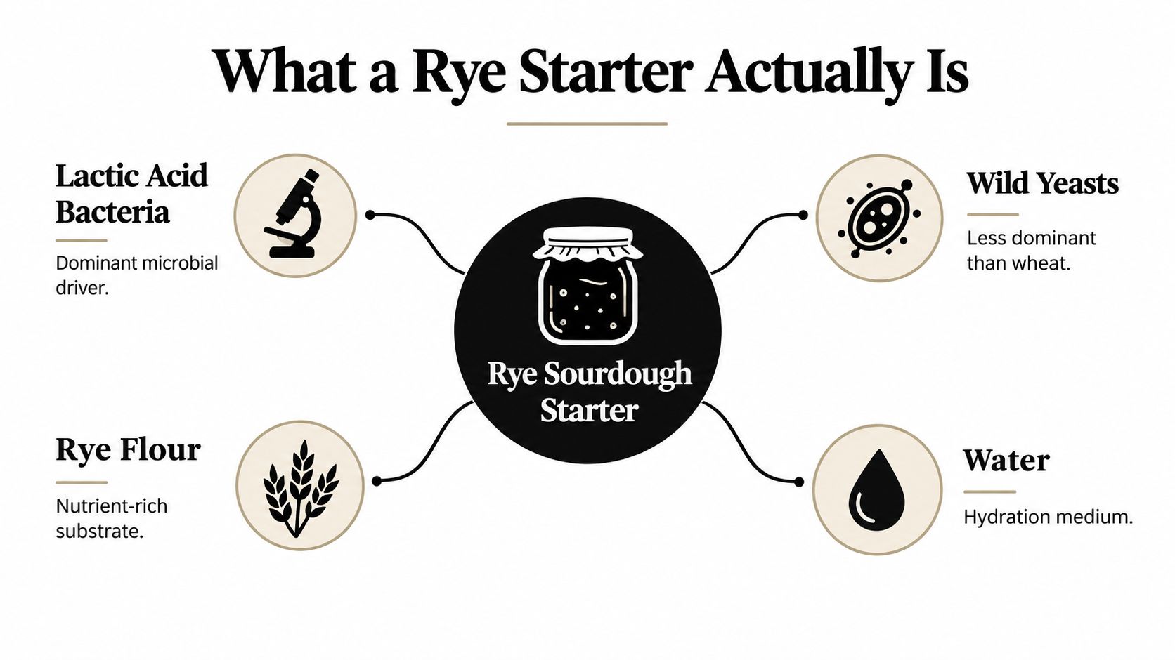 An infographic diagram explaining the components of a rye sourdough starter, including bacteria, yeast, flour, and water.