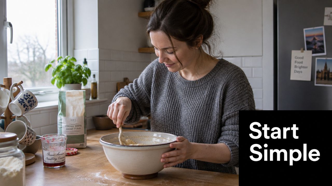 A woman in a grey sweater stirring flour in a large ceramic bowl in a bright kitchen.