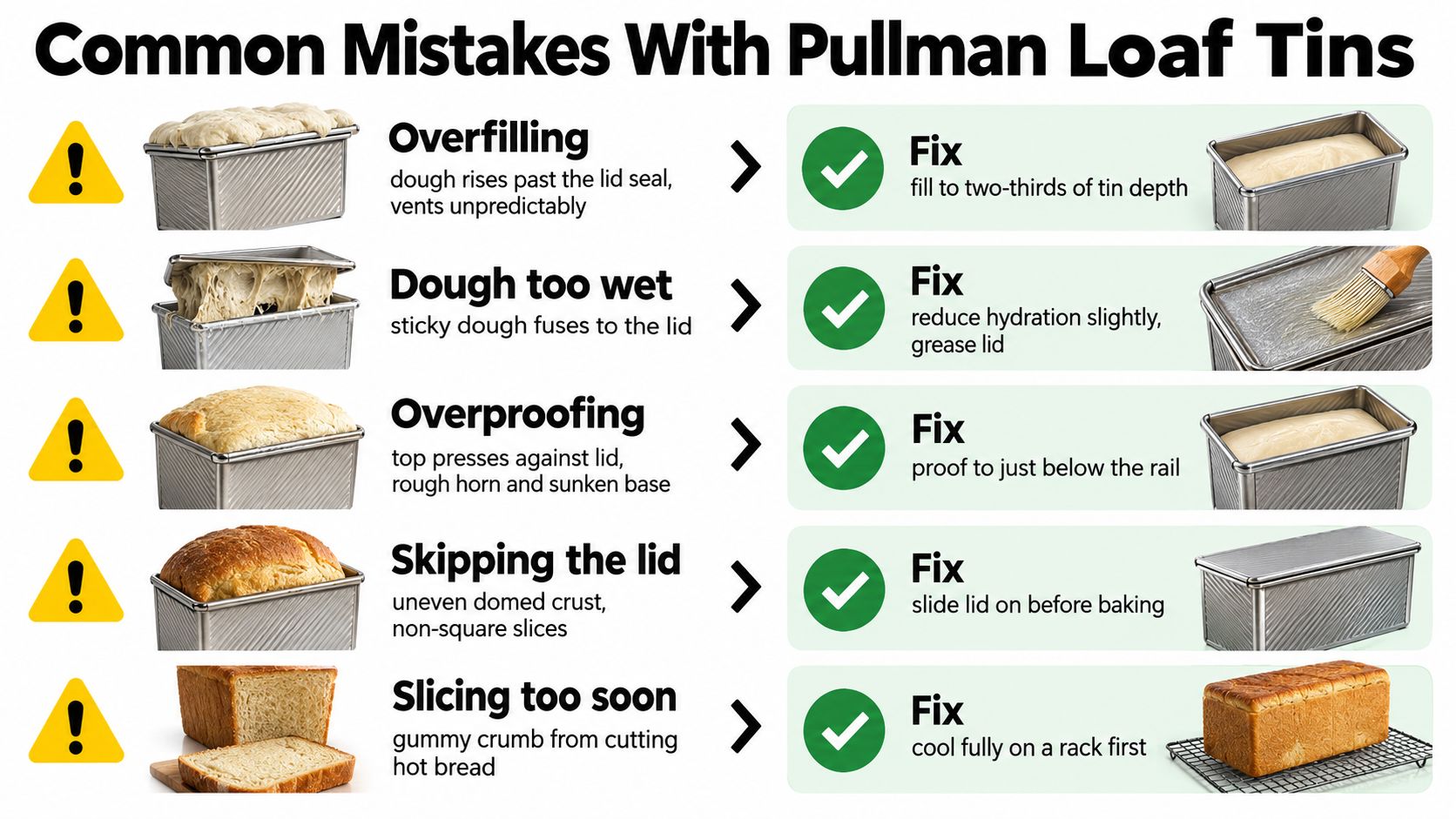 A guide illustrating common mistakes when using Pullman loaf tins with tips for perfect square bread.