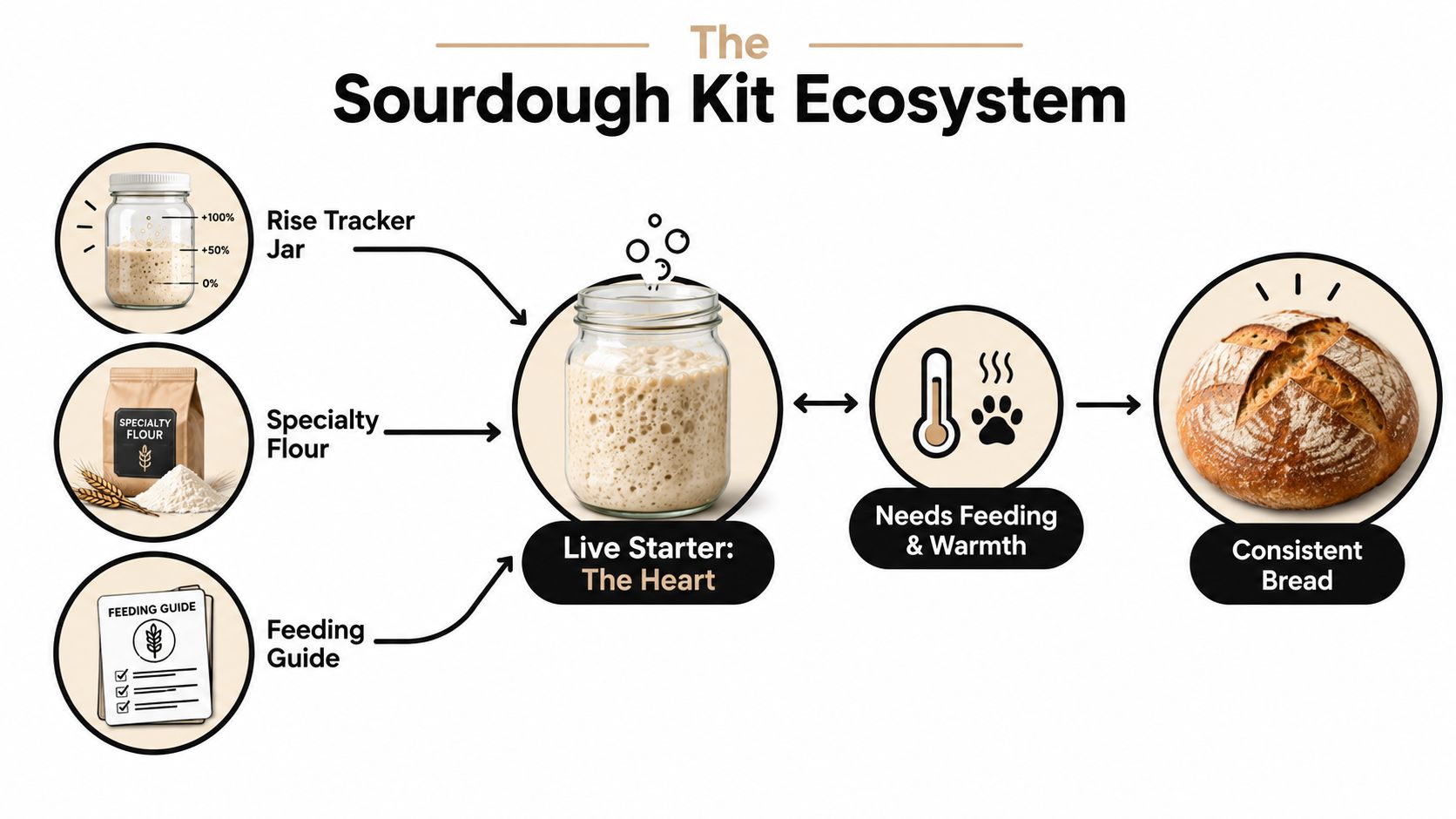 An infographic titled The Sourdough Kit Ecosystem illustrating the journey from starter ingredients to consistent sourdough bread.