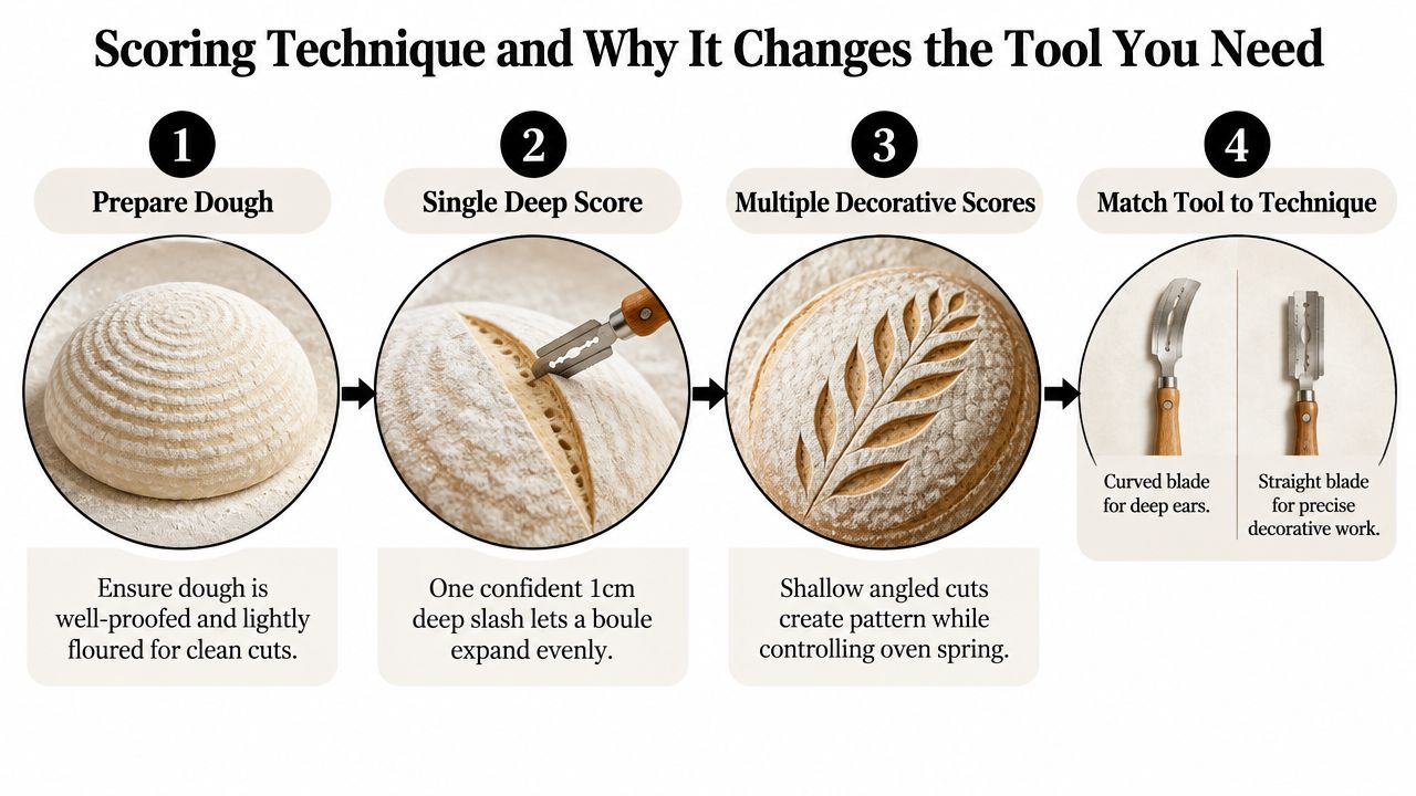 An infographic showing bread scoring techniques, explaining how to choose the right blade for dough preparation.