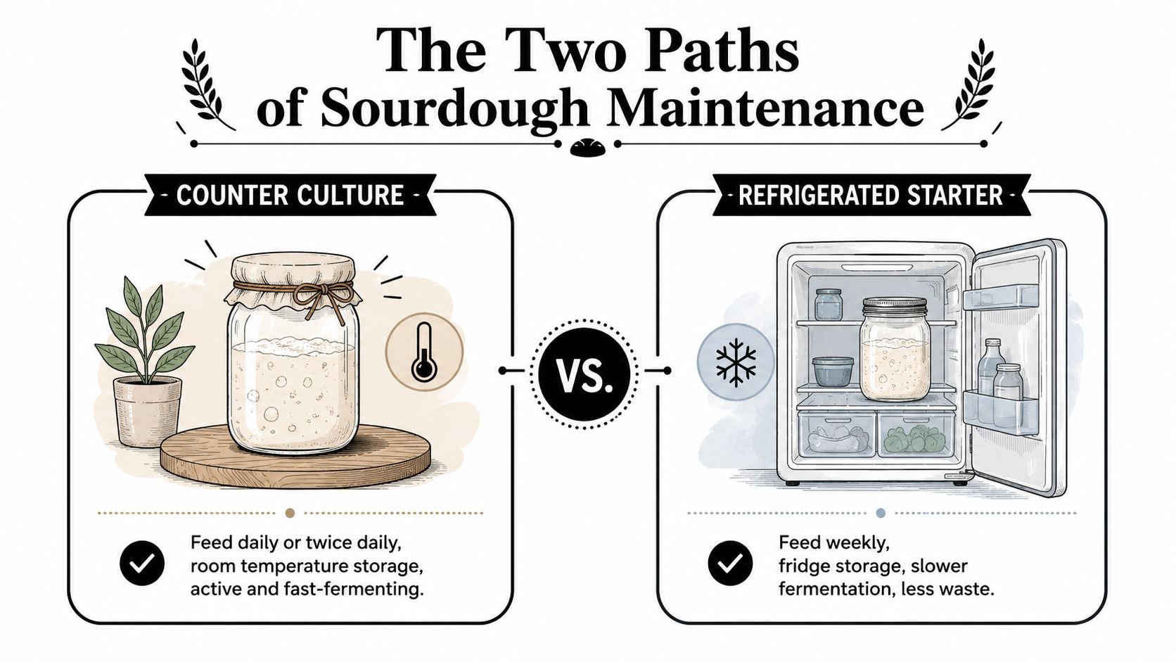 An infographic comparing counter culture and refrigerated storage methods for maintaining a sourdough bread starter.
