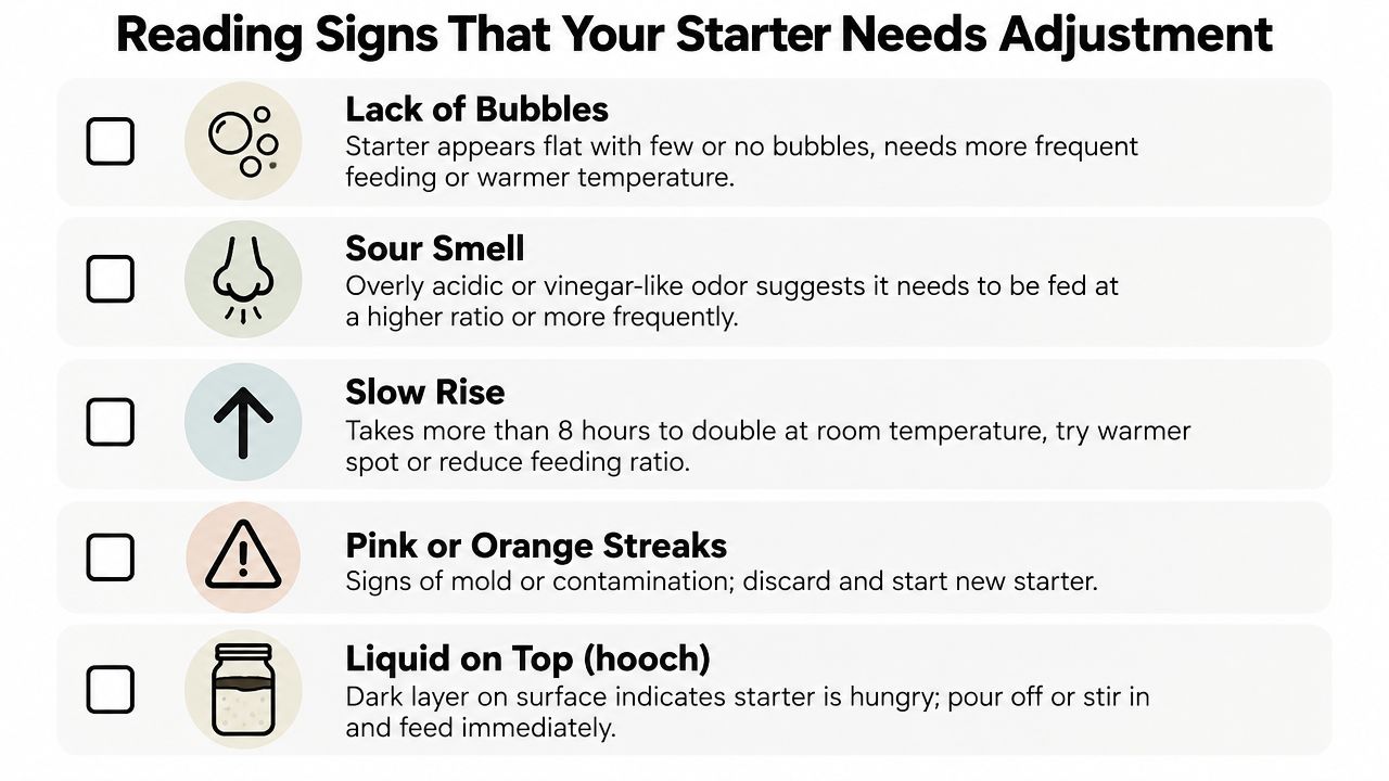 A checklist infographic illustrating common signs that a sourdough starter needs adjustment, such as bubbles and smells.