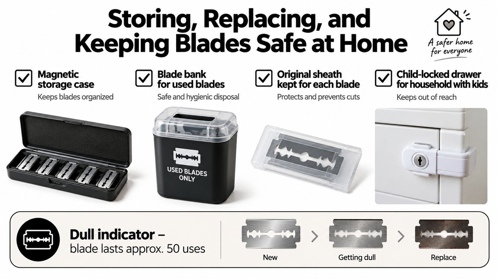 An infographic illustrating how to safely store, replace, and dispose of bread scoring blades at home.