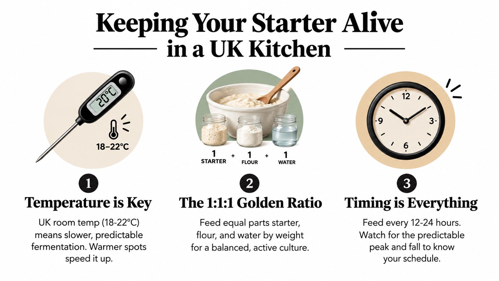 A guide on maintaining a sourdough starter in a UK kitchen, covering temperature, ratios, and timing.