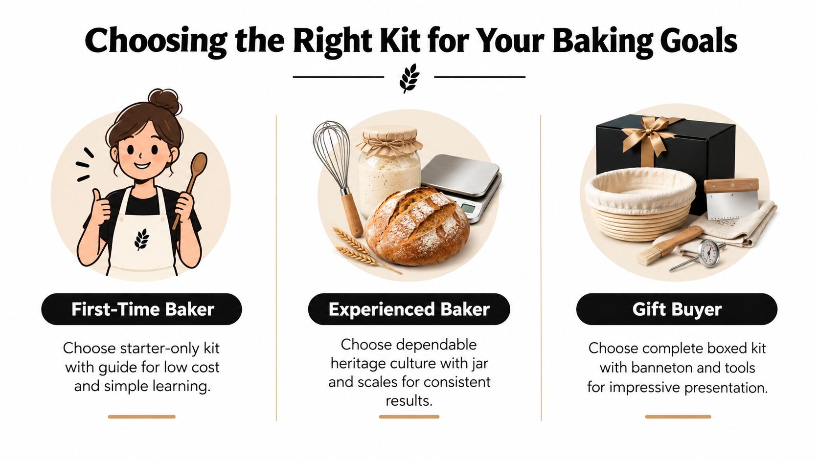 A helpful infographic comparing three sourdough bread baking kits for beginners, experienced bakers, and gift buyers.