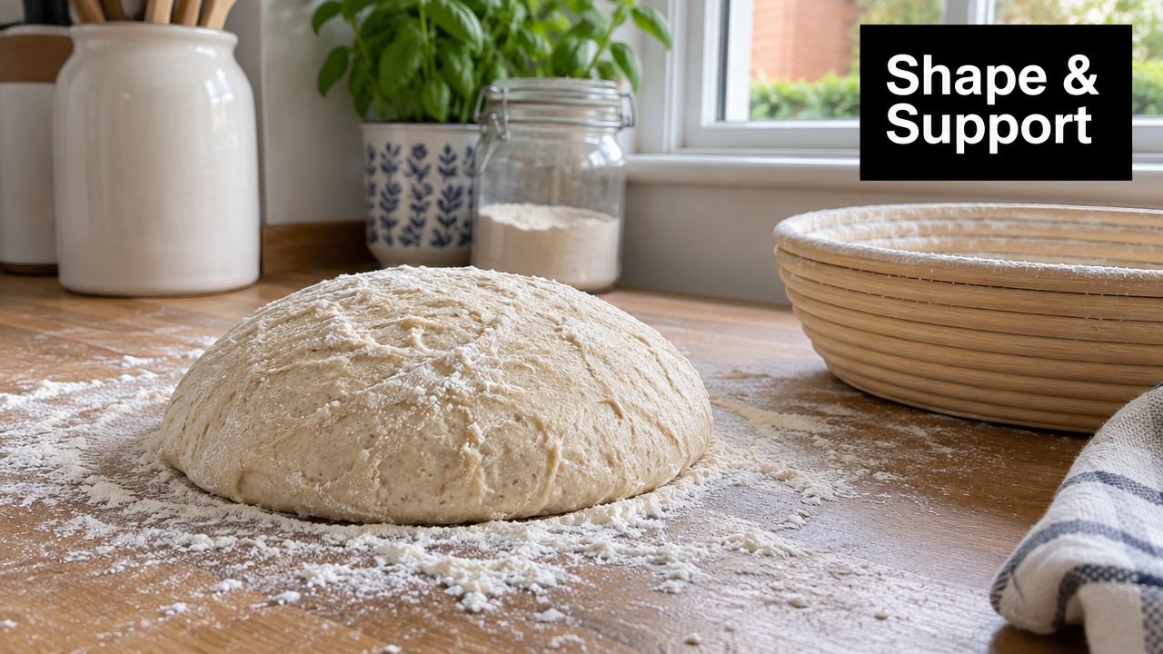 A round loaf of raw sourdough dough resting on a floured wooden surface next to a proofing basket.