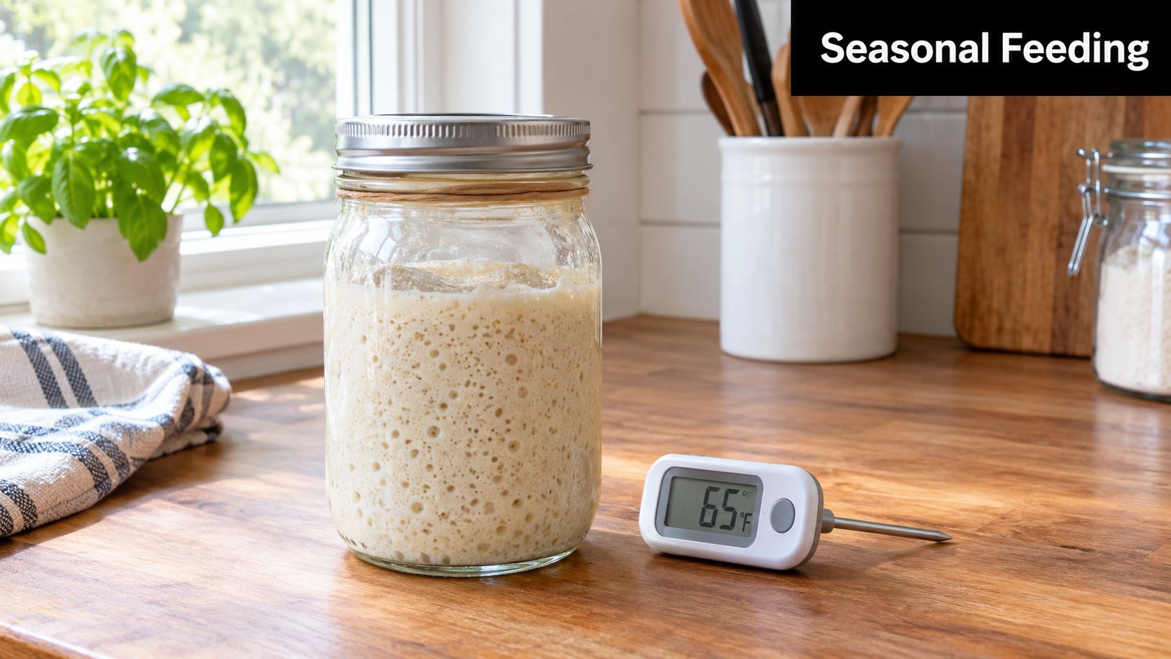 A glass jar containing active sourdough starter sits on a kitchen counter next to a digital thermometer.