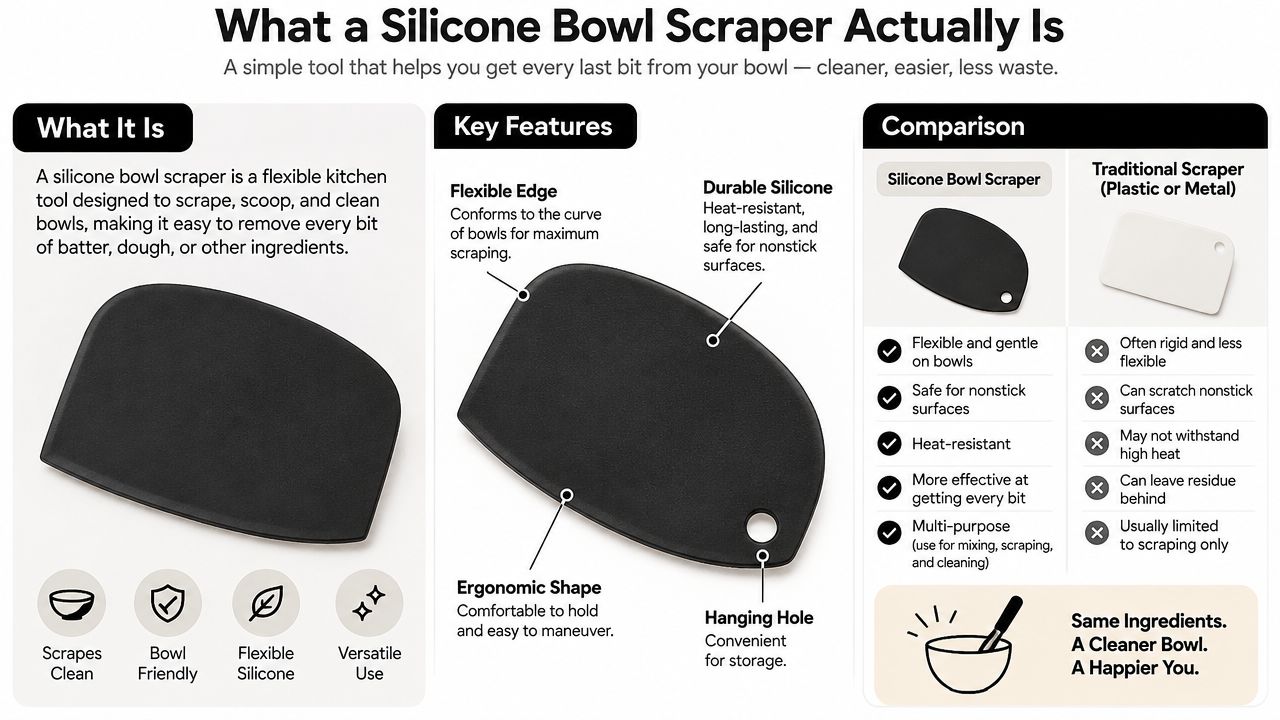 An infographic detailing the features, benefits, and comparison of a silicone bowl scraper against traditional kitchen scrapers.