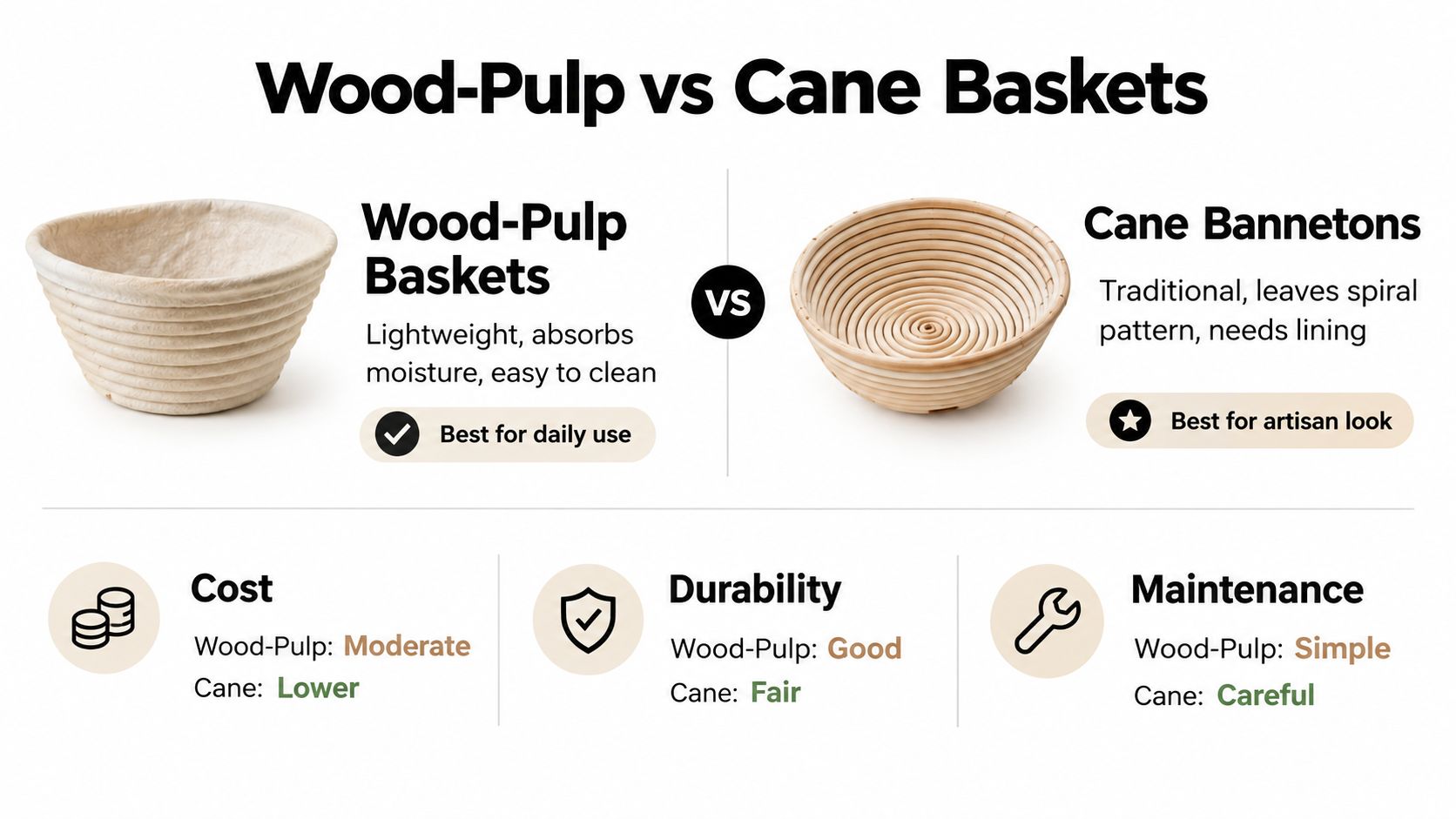 A comparison chart showing the benefits and features of wood-pulp versus cane bread proving baskets.