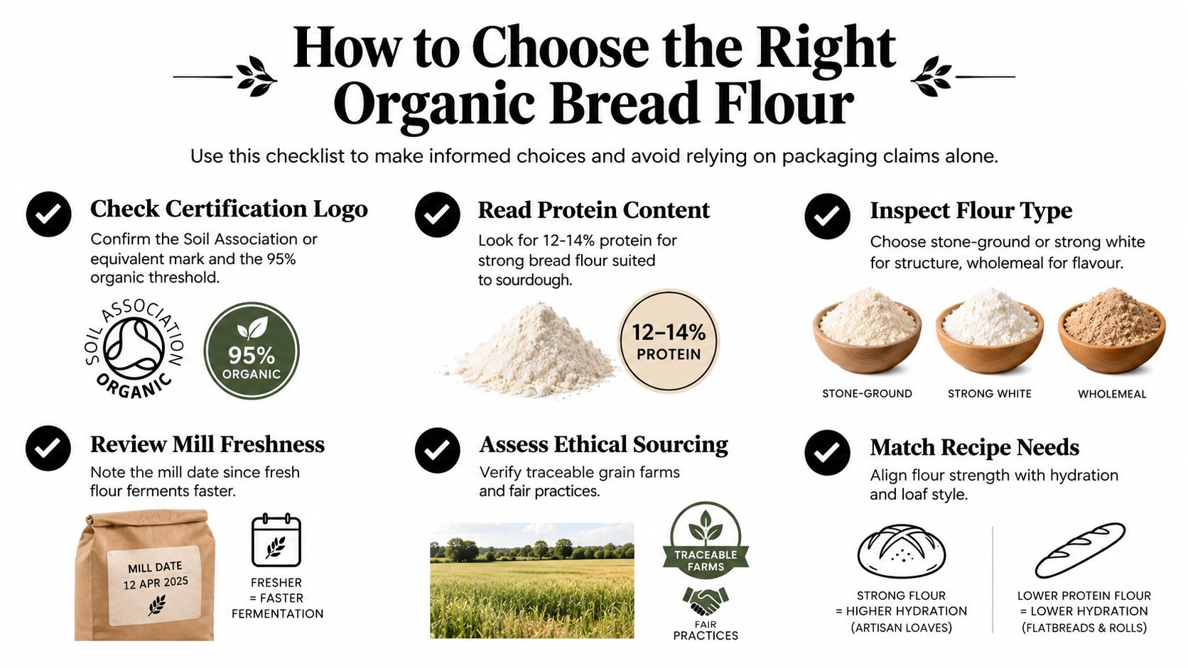 An infographic titled How to Choose the Right Organic Bread Flour with tips on selecting quality ingredients.