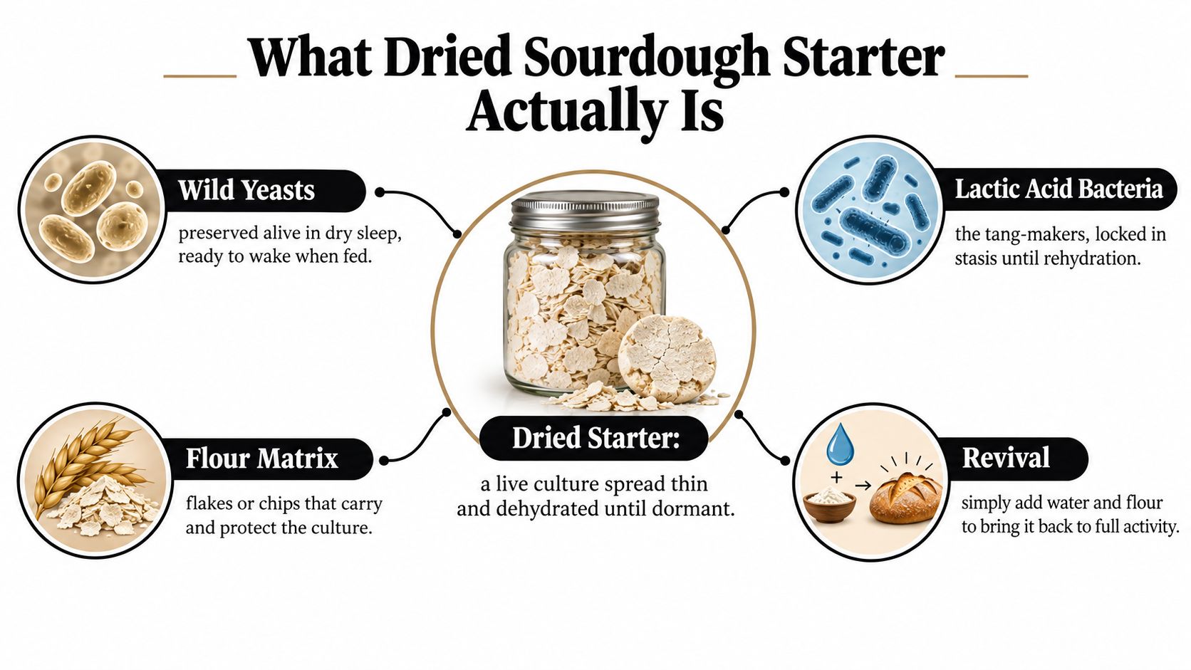 A diagram explaining the components and revival process of dried sourdough starter culture for home baking.