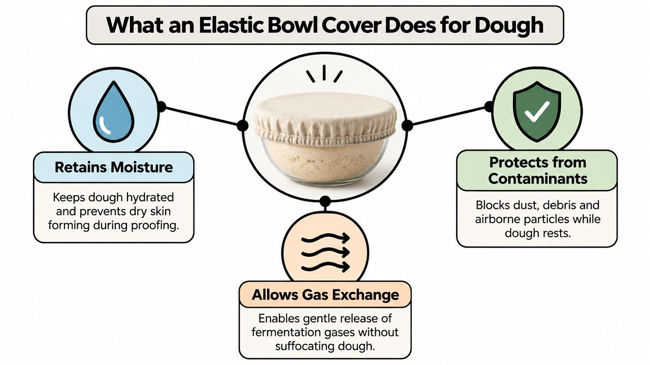 A screenshot-style infographic showing the benefits of using an elastic bowl cover for proofing bread dough.