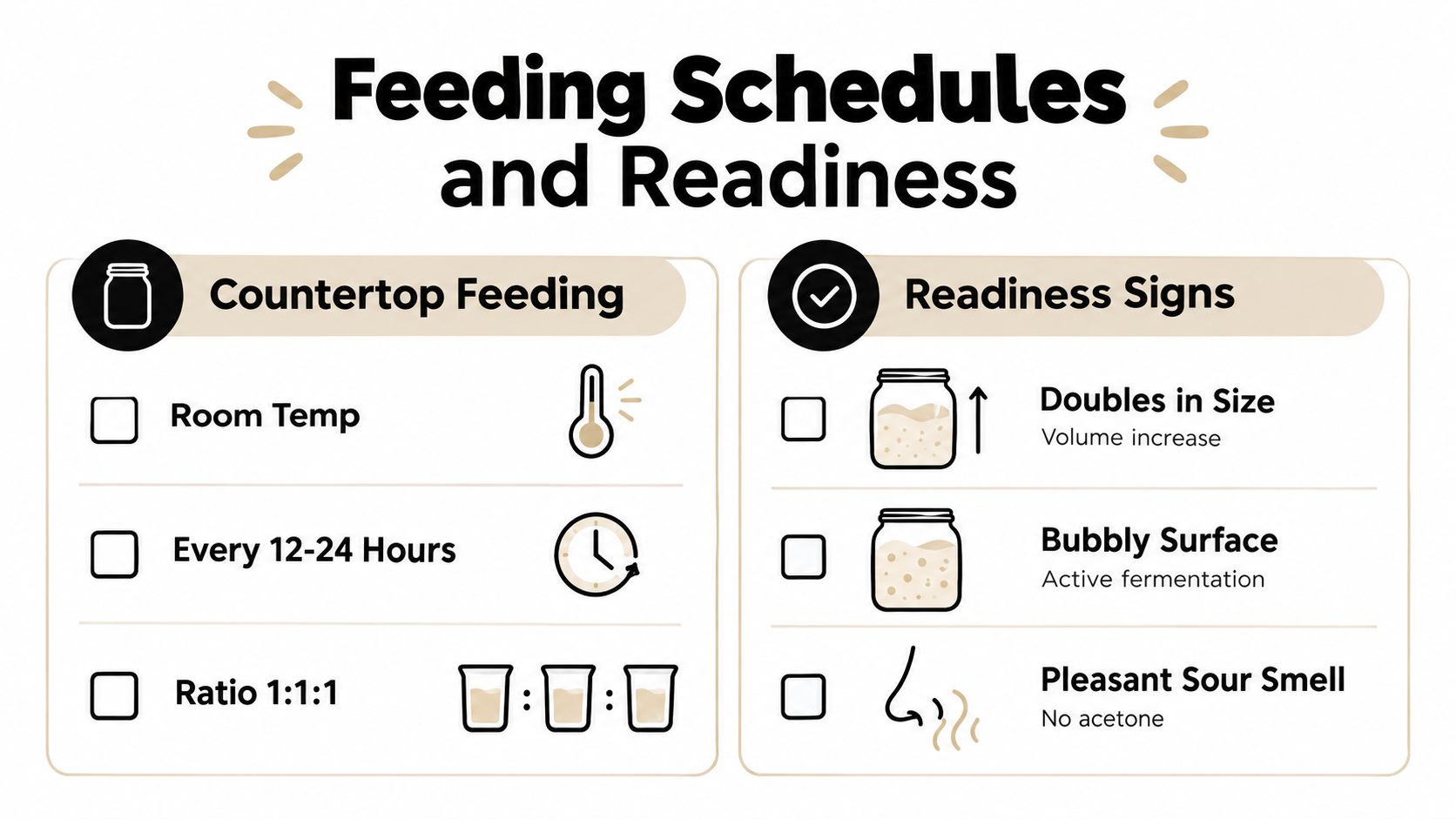 An instructional infographic detailing sourdough starter feeding schedules and signs of healthy fermentation readiness.