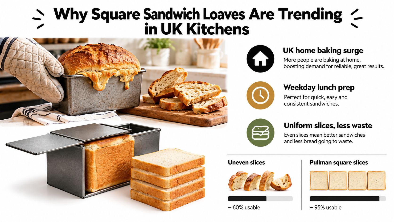 Comparison of uneven homemade bread and uniform square Pullman loaf slices with reasons for their popularity.