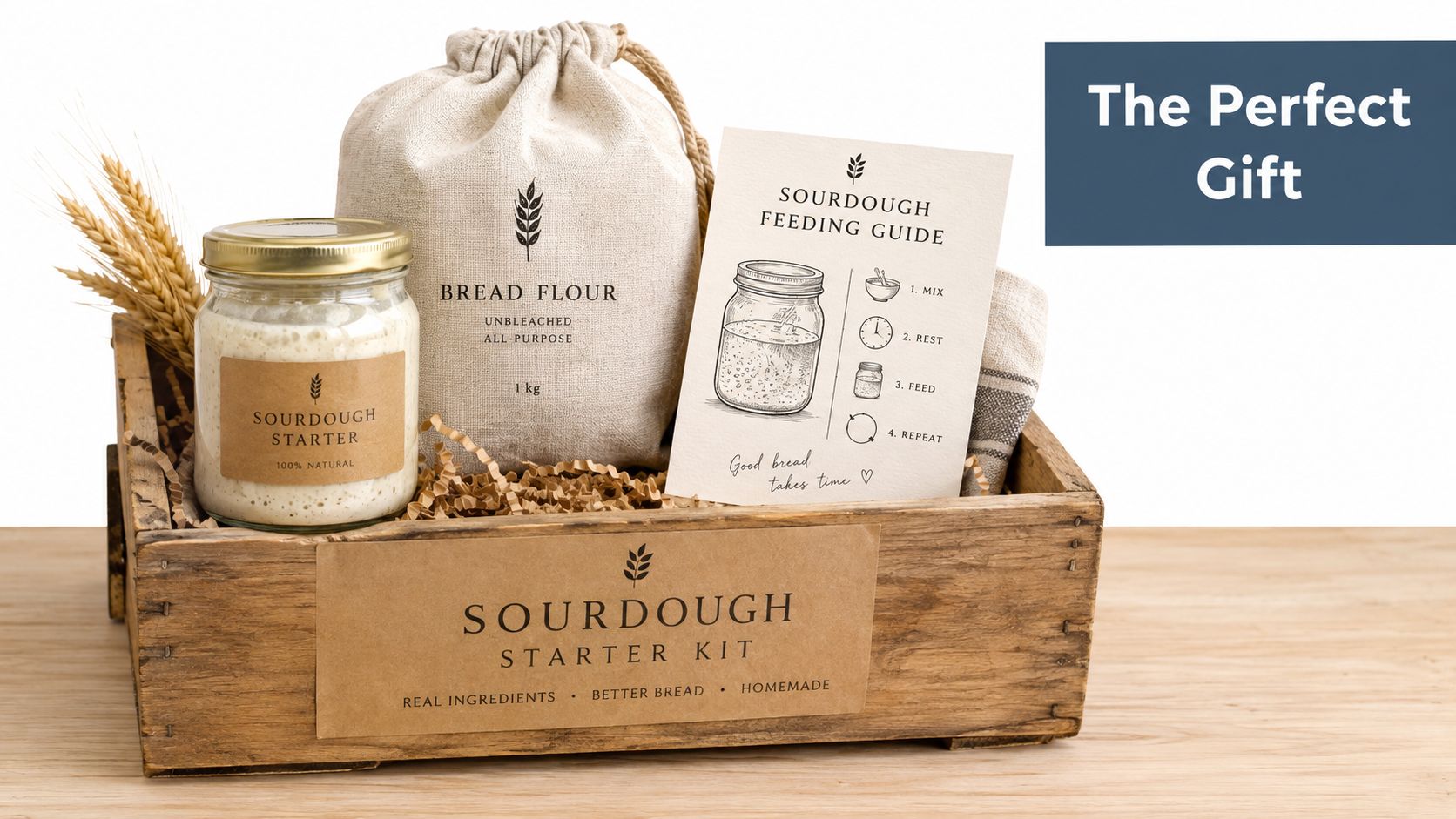 A rustic wooden gift box containing sourdough starter, bread flour, and a sourdough feeding instruction guide.