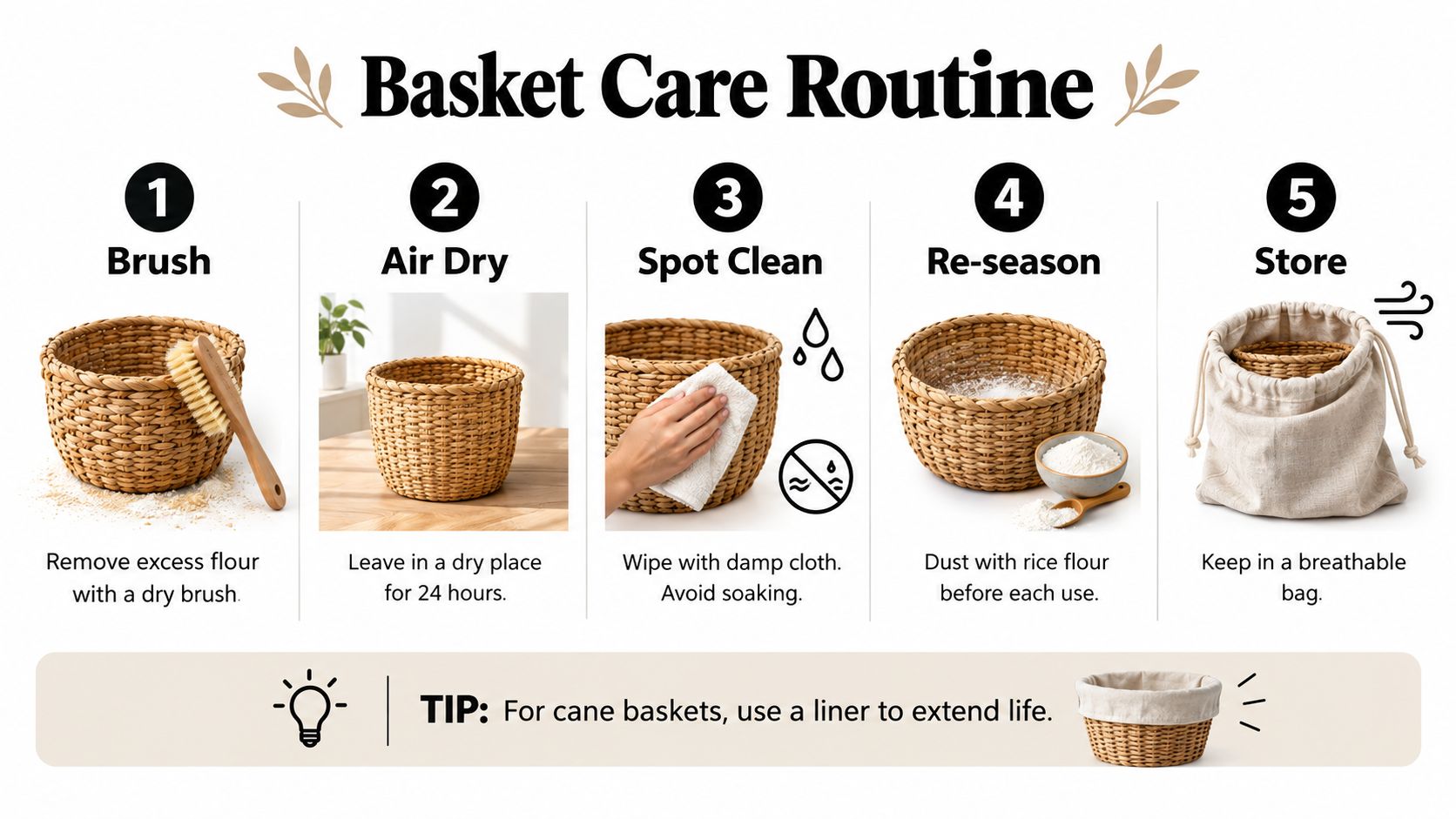 A step-by-step instructional infographic showing five simple methods for cleaning and maintaining cane bread proving baskets.