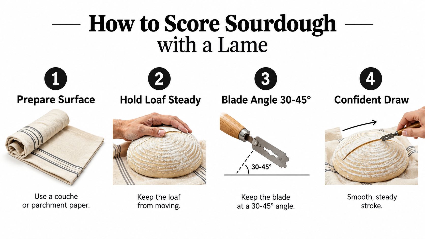 A four-step instructional graphic demonstrating how to properly score a sourdough loaf using a bread lame.