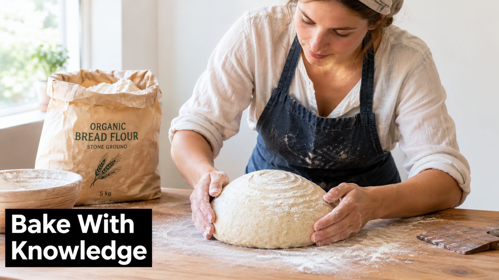 A woman in a white shirt and apron shaping a round loaf of sourdough bread on wood