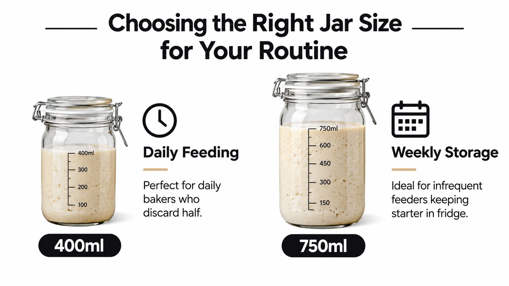 An infographic showing two sourdough starter jar sizes: a 400ml jar for daily feeding and 750ml for storage.