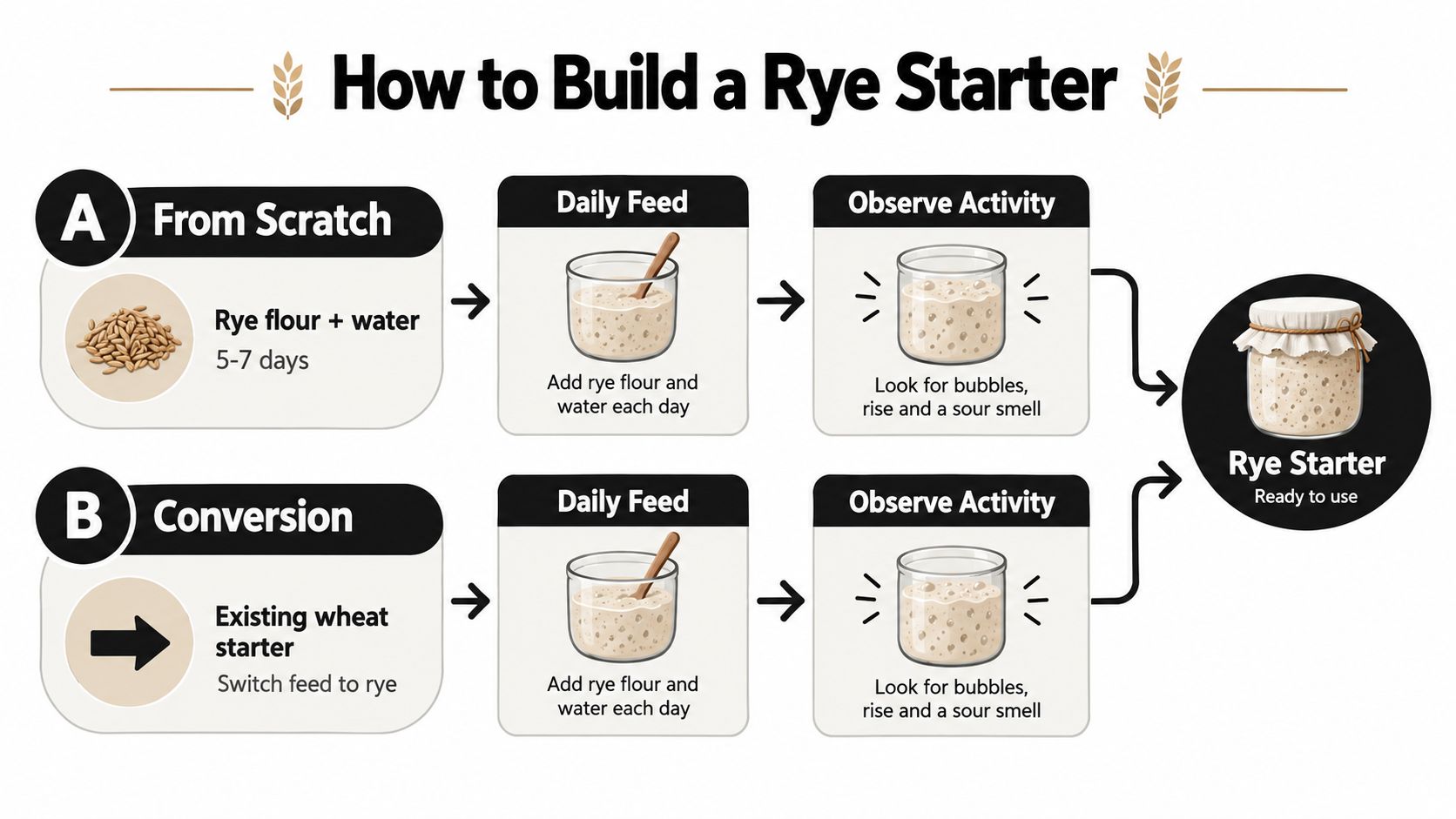 An infographic showing two methods, from scratch or conversion, to build a rye sourdough starter.