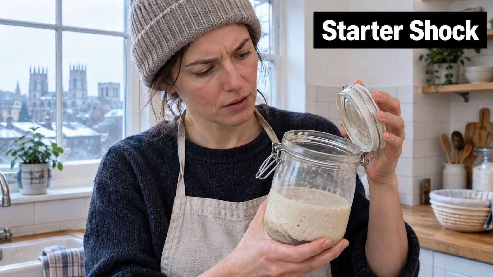 A concerned woman wearing a beanie holding an open glass jar of sourdough starter in her kitchen.