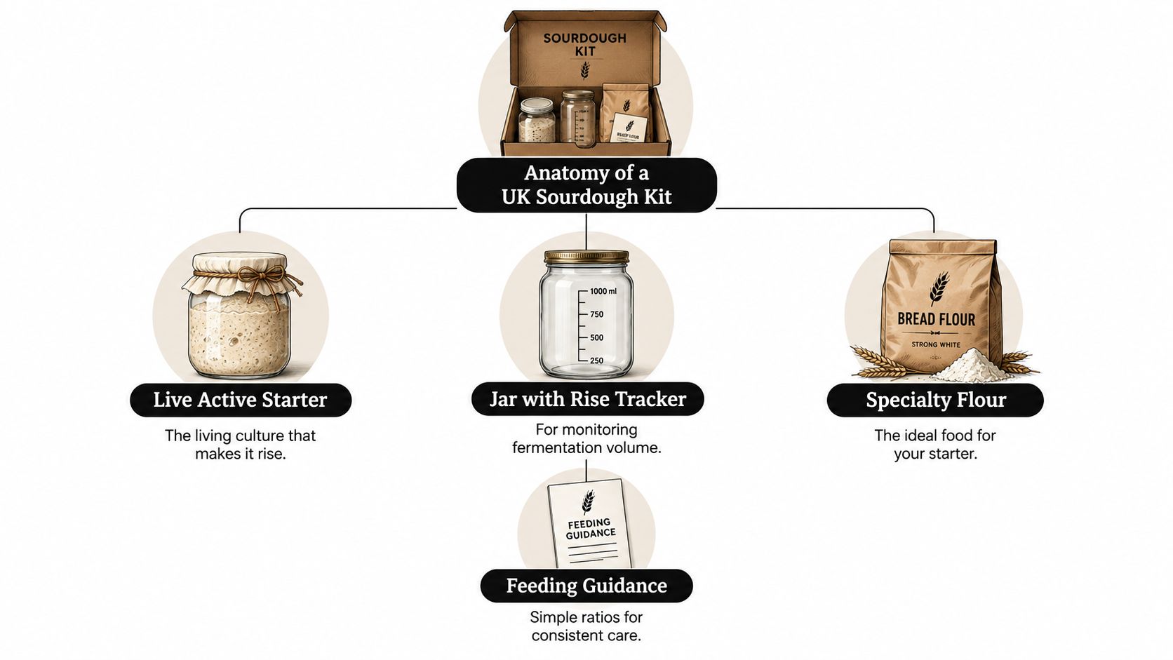 A diagram illustrating the components of a UK sourdough kit, including starter, jar, flour, and guidance.