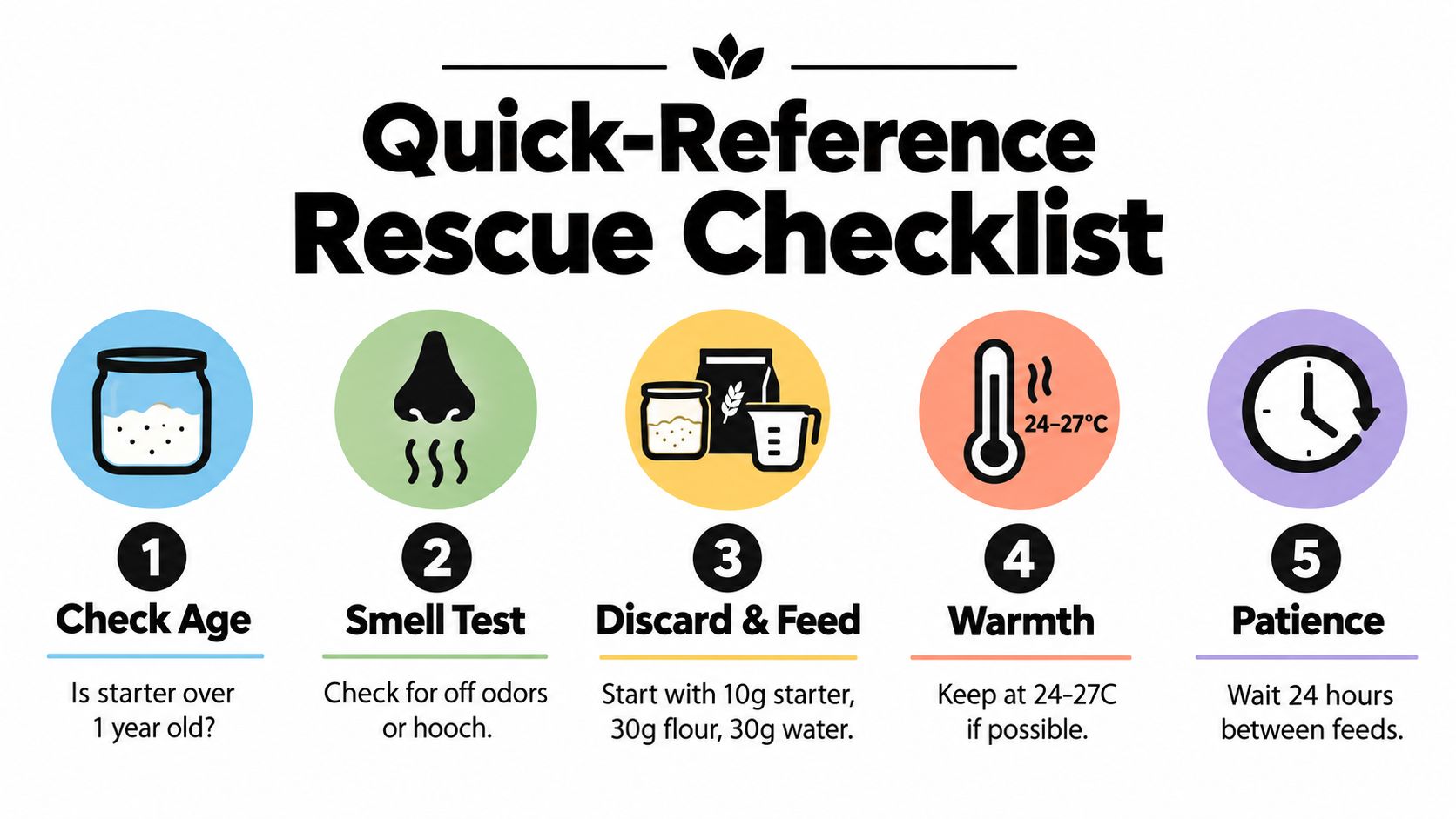 A five-step rescue checklist for sourdough starter featuring icons for checking age, smell, feeding, temperature, and patience.