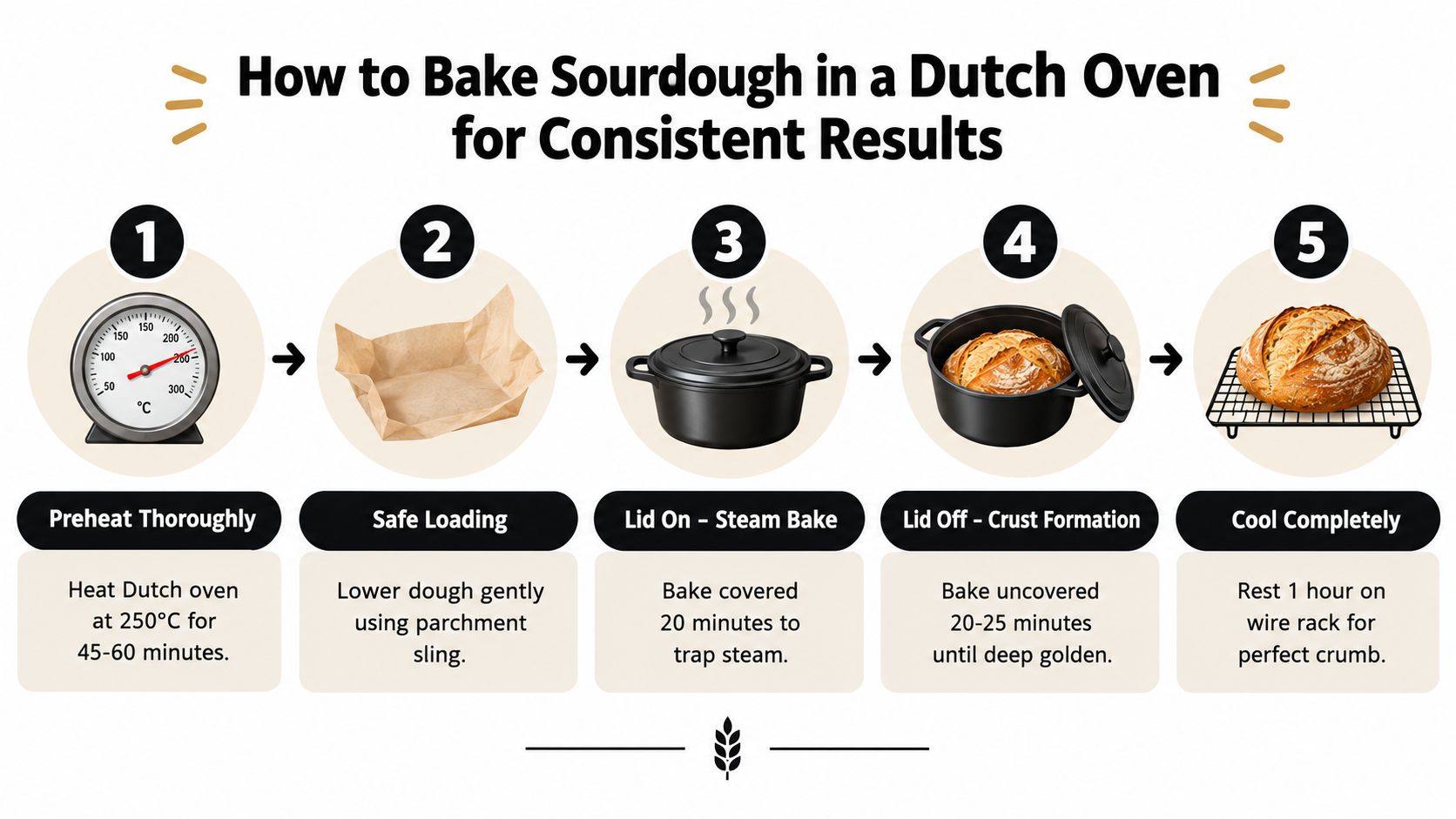 An infographic illustrating five easy steps for baking sourdough bread using a cast iron Dutch oven.