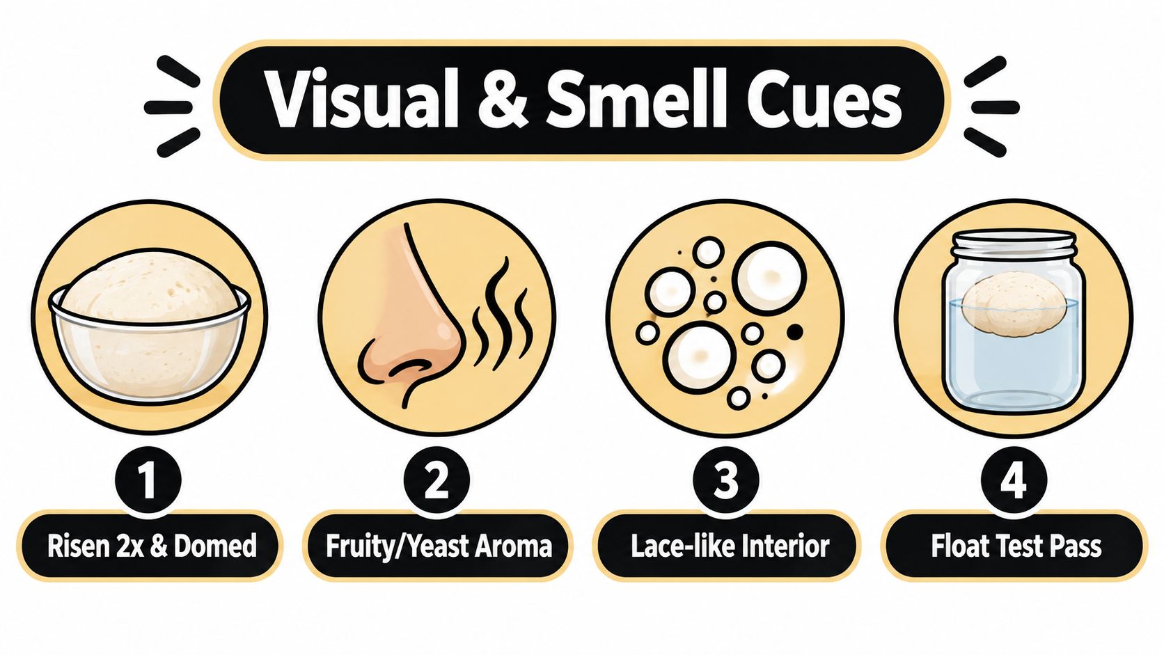An infographic showing four visual and smell cues indicating when a sourdough starter is ready to use.